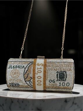Rhinestone Money Roll Evening Crystal Money Crossbody Clutch w Gold Chain